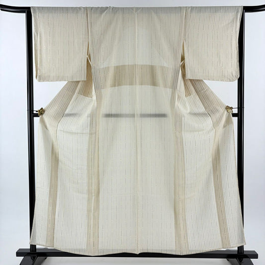 【美品】 小紋 身長158cm 袖長64.5cm M 薄物 縱條紋 米色 純蠶絲 秀品級