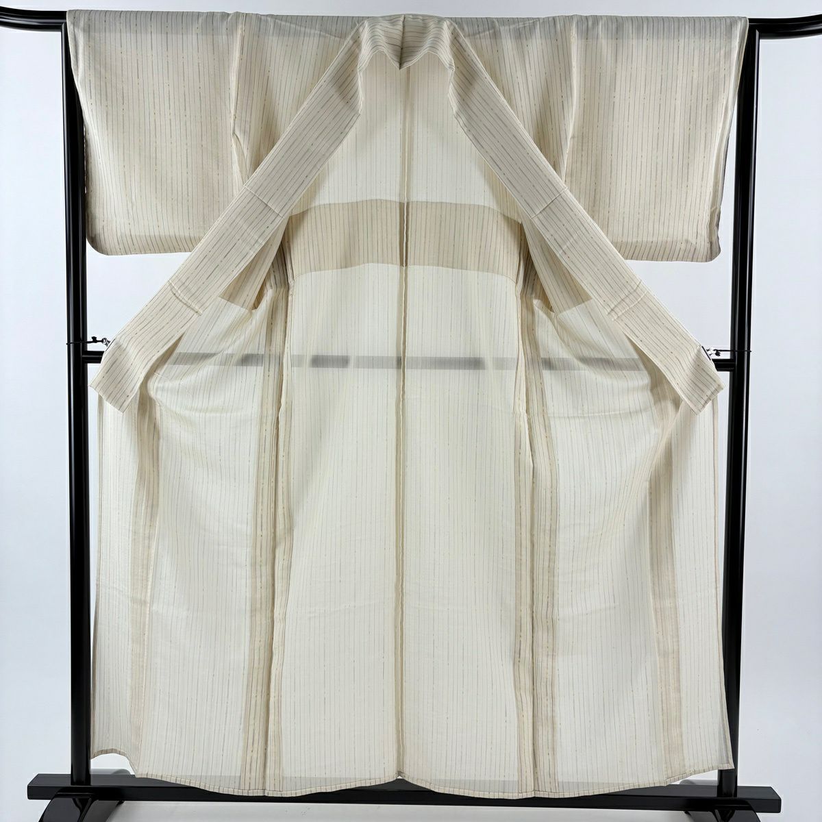 【美品】 小紋 身長158cm 袖長64.5cm M 薄物 縱條紋 米色 純蠶絲 秀品級