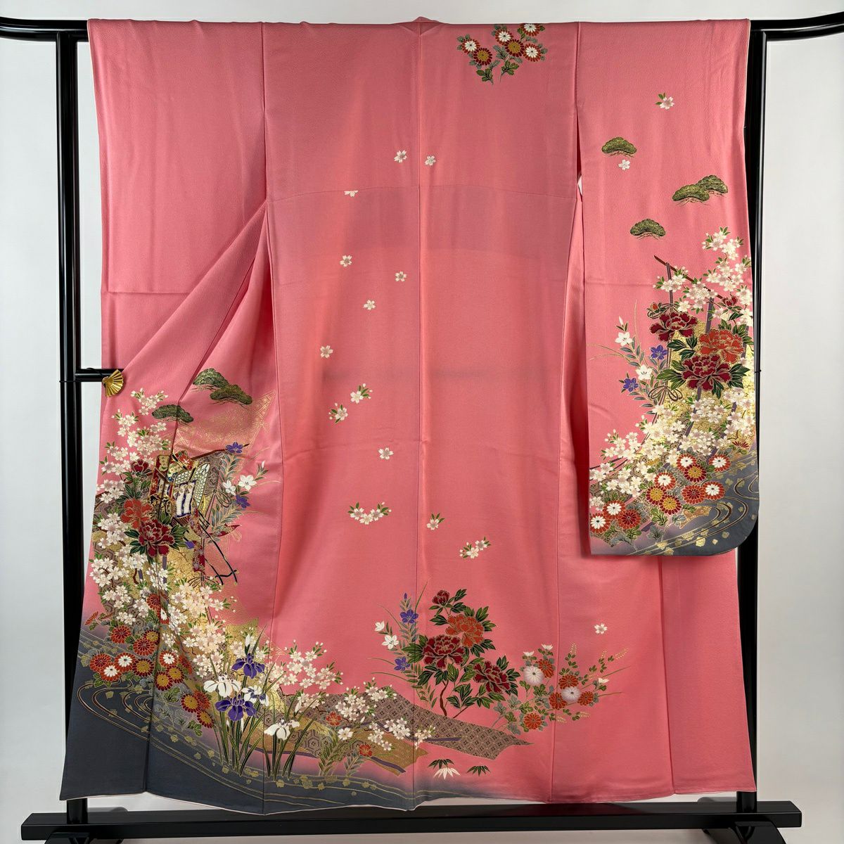 【美品】振袖禮服 身長158cm 袖長63cm S 雙層 御所車 草花紋 金絲 金銀彩 粉色 純蠶絲 秀品級