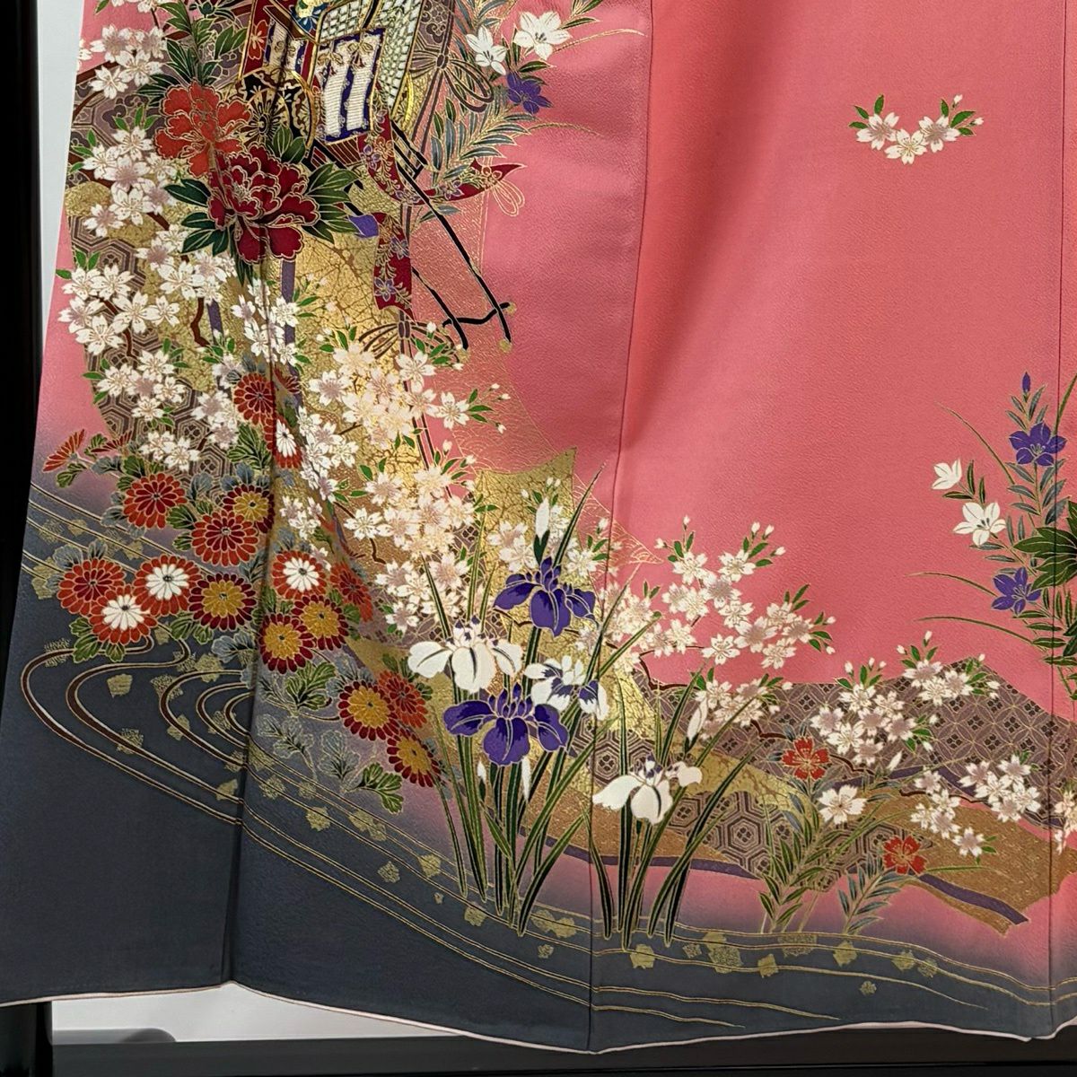 【美品】振袖禮服 身長158cm 袖長63cm S 雙層 御所車 草花紋 金絲 金銀彩 粉色 純蠶絲 秀品級