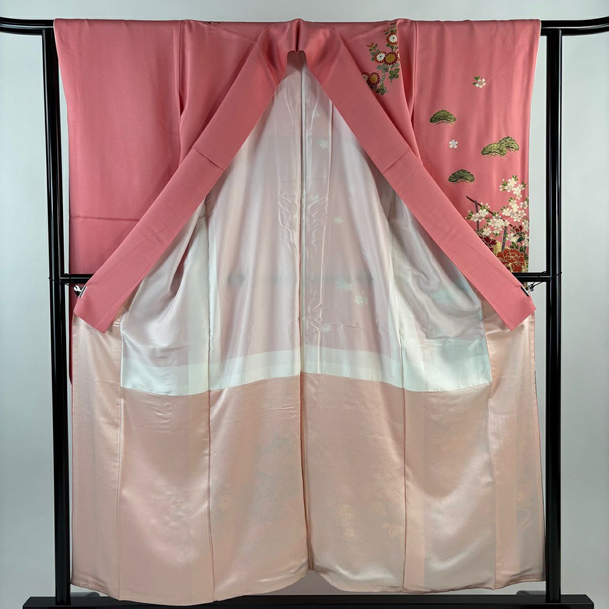 【美品】振袖禮服 身長158cm 袖長63cm S 雙層 御所車 草花紋 金絲 金銀彩 粉色 純蠶絲 秀品級