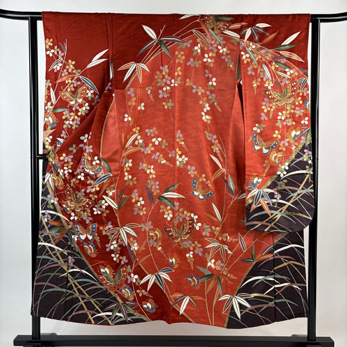振袖禮服 身長150cm 袖長63cm S 雙層 蝶 萩 金銀彩 金絲 茜 純蠶絲 秀品級