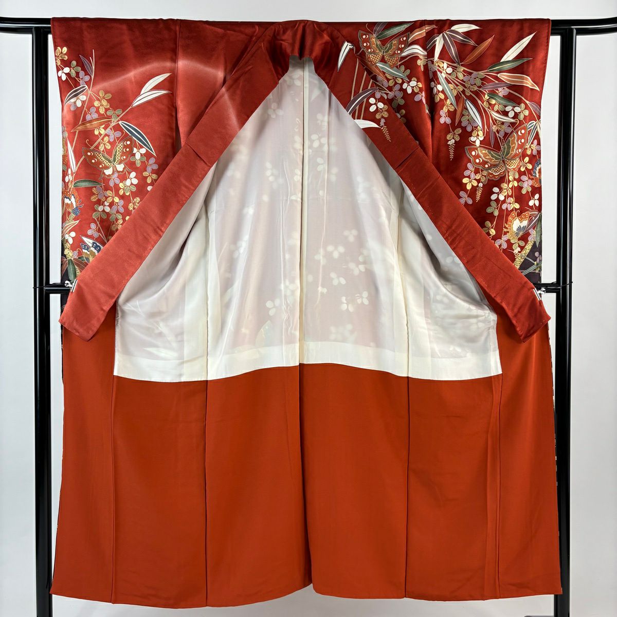 振袖禮服 身長150cm 袖長63cm S 雙層 蝶 萩 金銀彩 金絲 茜 純蠶絲 秀品級