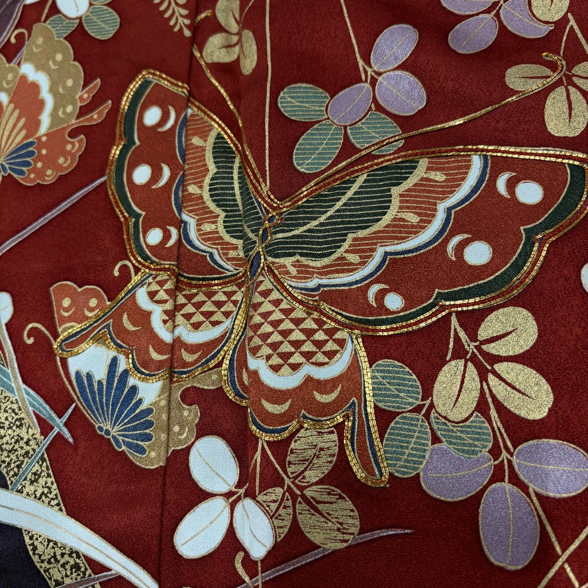 振袖禮服 身長150cm 袖長63cm S 雙層 蝶 萩 金銀彩 金絲 茜 純蠶絲 秀品級