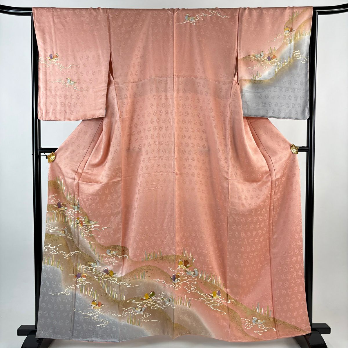 訪問服 身長159cm 袖長67.5cm L 雙層 鴛鴦 水面 金銀彩 漸層 鮭粉色 純蠶絲 優品級