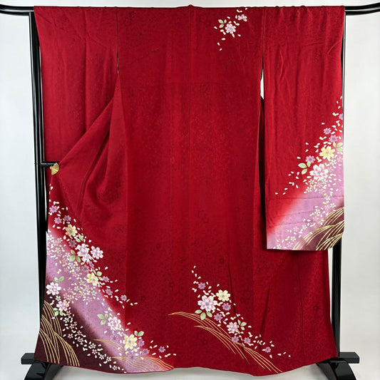 【美品】振袖禮服 身長159cm 袖長66.5cm M 雙層 櫻花 波紋 金銀彩 漸層 紅 純蠶絲 優品級
