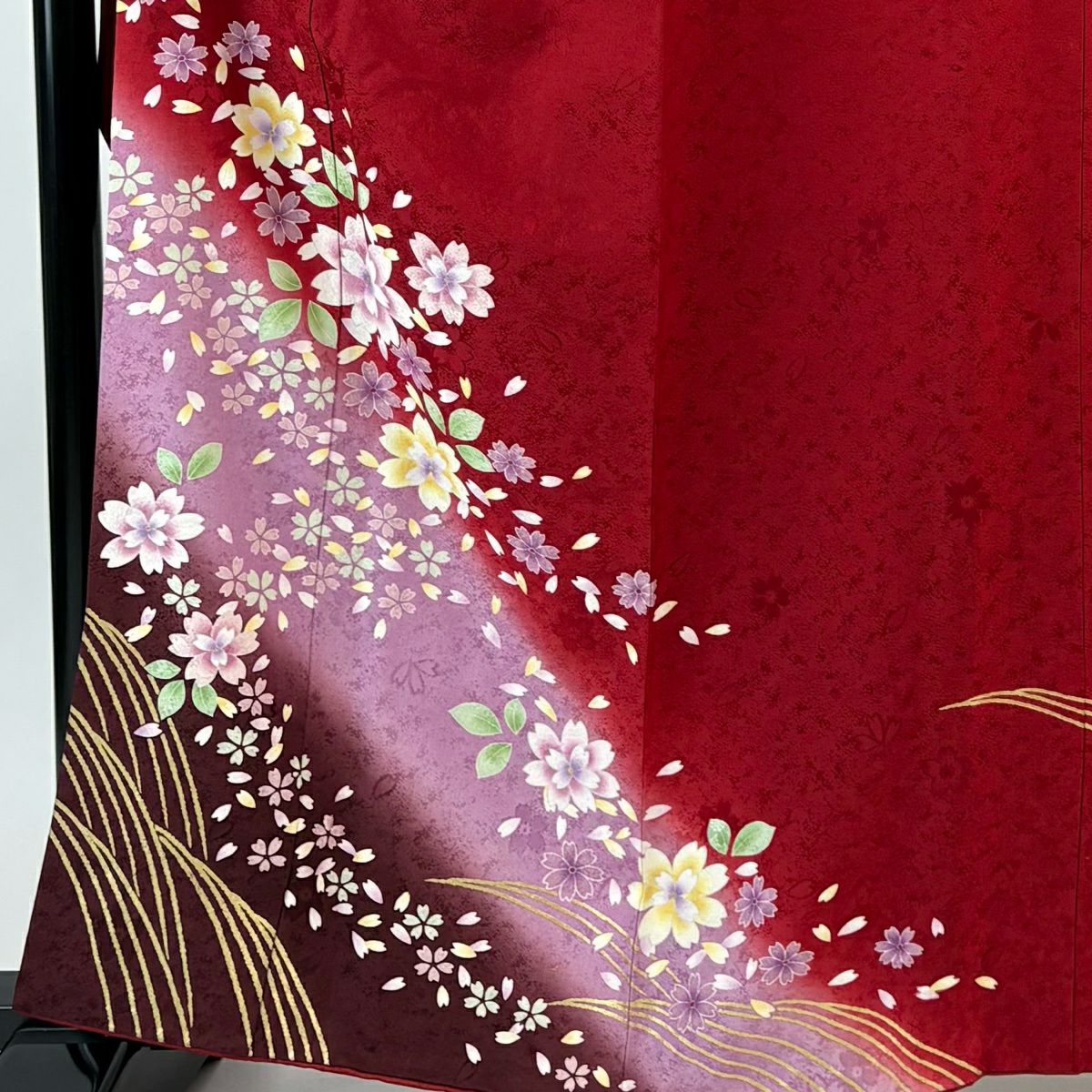 【美品】振袖禮服 身長159cm 袖長66.5cm M 雙層 櫻花 波紋 金銀彩 漸層 紅 純蠶絲 優品級
