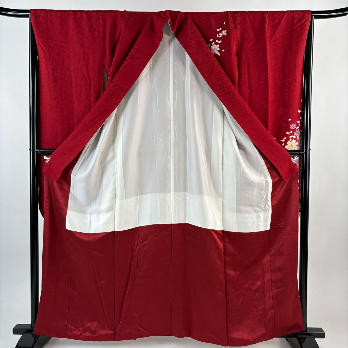 【美品】振袖禮服 身長159cm 袖長66.5cm M 雙層 櫻花 波紋 金銀彩 漸層 紅 純蠶絲 優品級