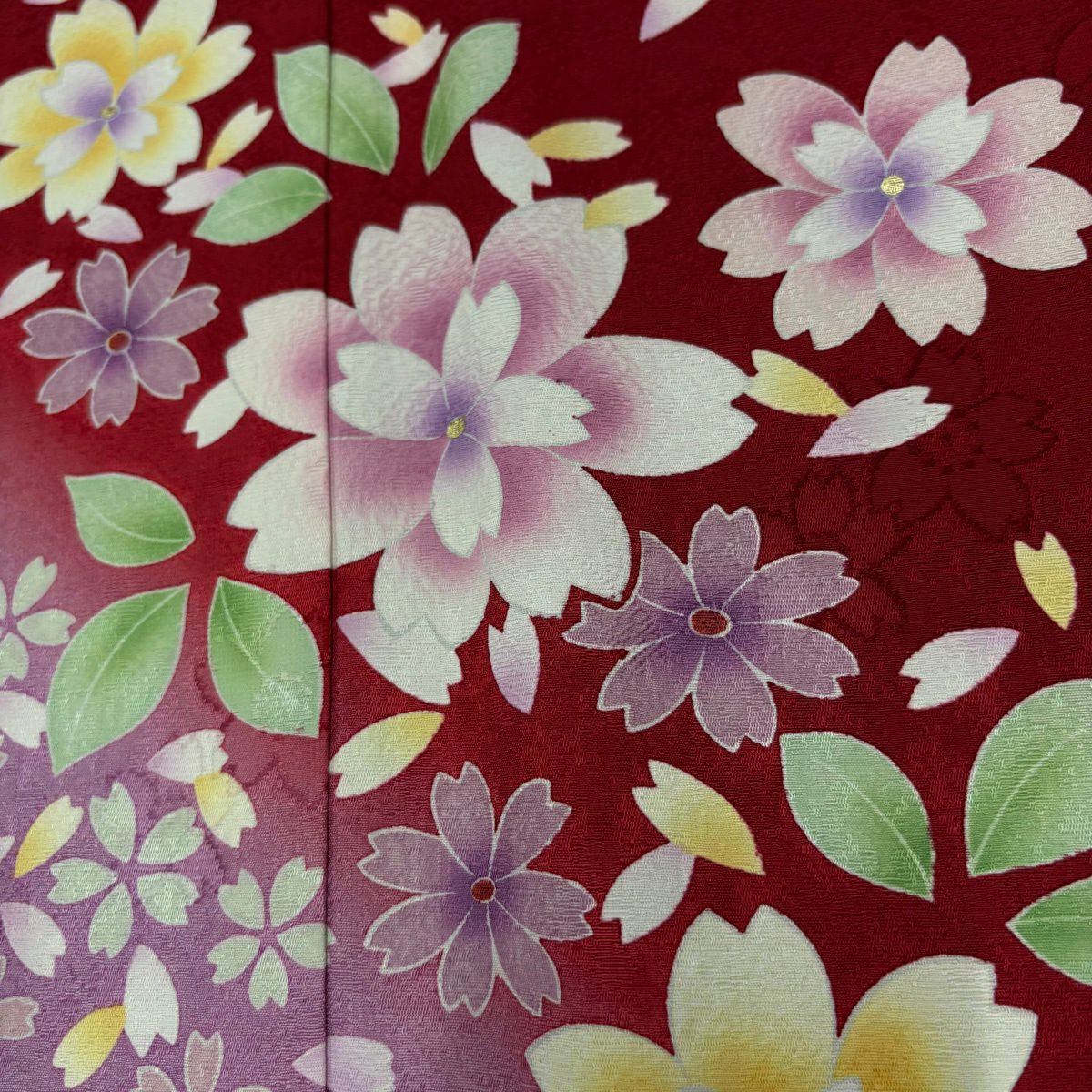 【美品】振袖禮服 身長159cm 袖長66.5cm M 雙層 櫻花 波紋 金銀彩 漸層 紅 純蠶絲 優品級
