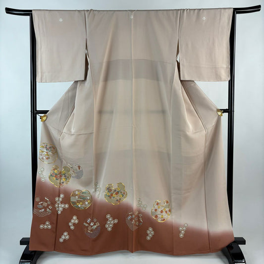 【美品】 留袖禮服禮服 身長165cm 袖長65.5cm M 雙層 草花紋紋 寶盡くし 金絲刺繡 淺粉色 純蠶絲 秀品級 三つ紋