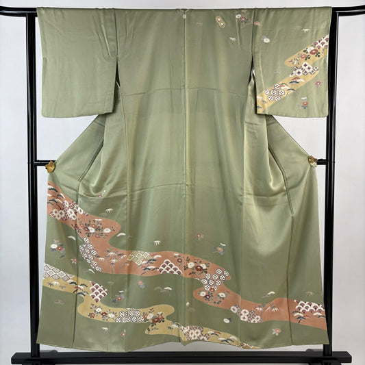 訪問服 身長153cm 袖長63cm S 雙層 草花紋紋 霞 綠 純蠶絲 秀品級 一つ紋