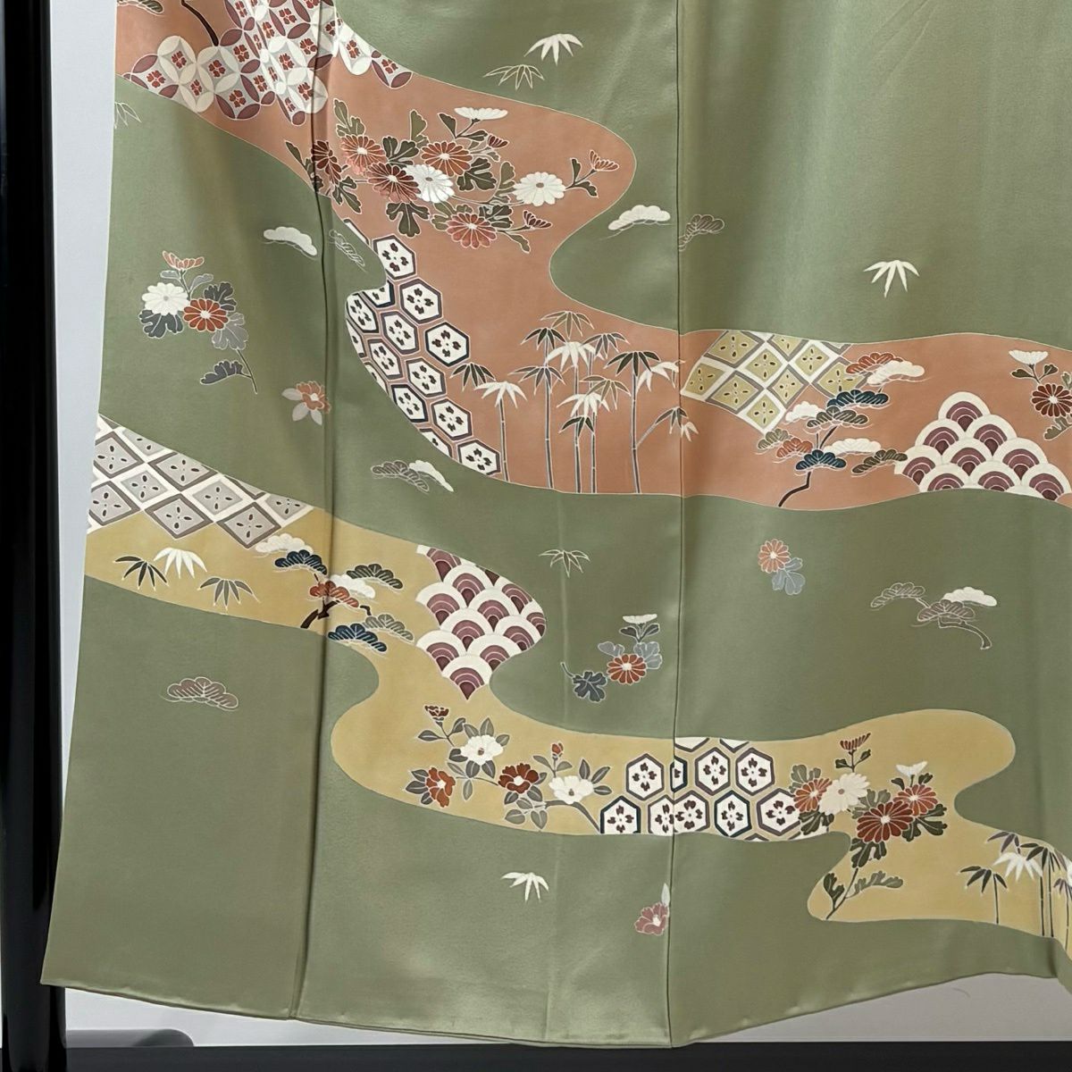 訪問服 身長153cm 袖長63cm S 雙層 草花紋紋 霞 綠 純蠶絲 秀品級 一つ紋