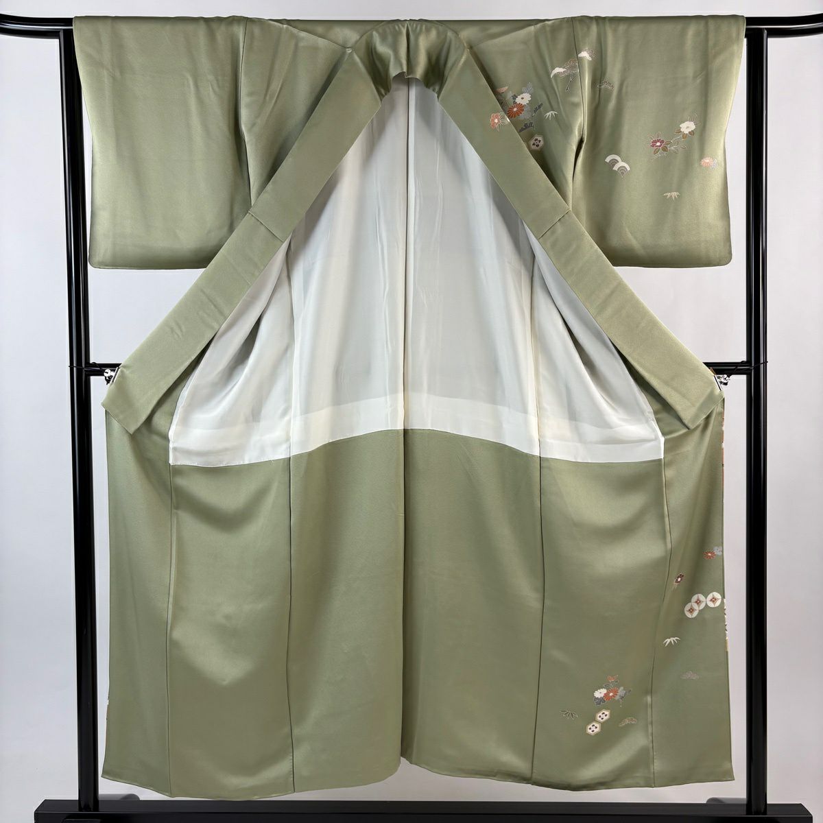 訪問服 身長153cm 袖長63cm S 雙層 草花紋紋 霞 綠 純蠶絲 秀品級 一つ紋