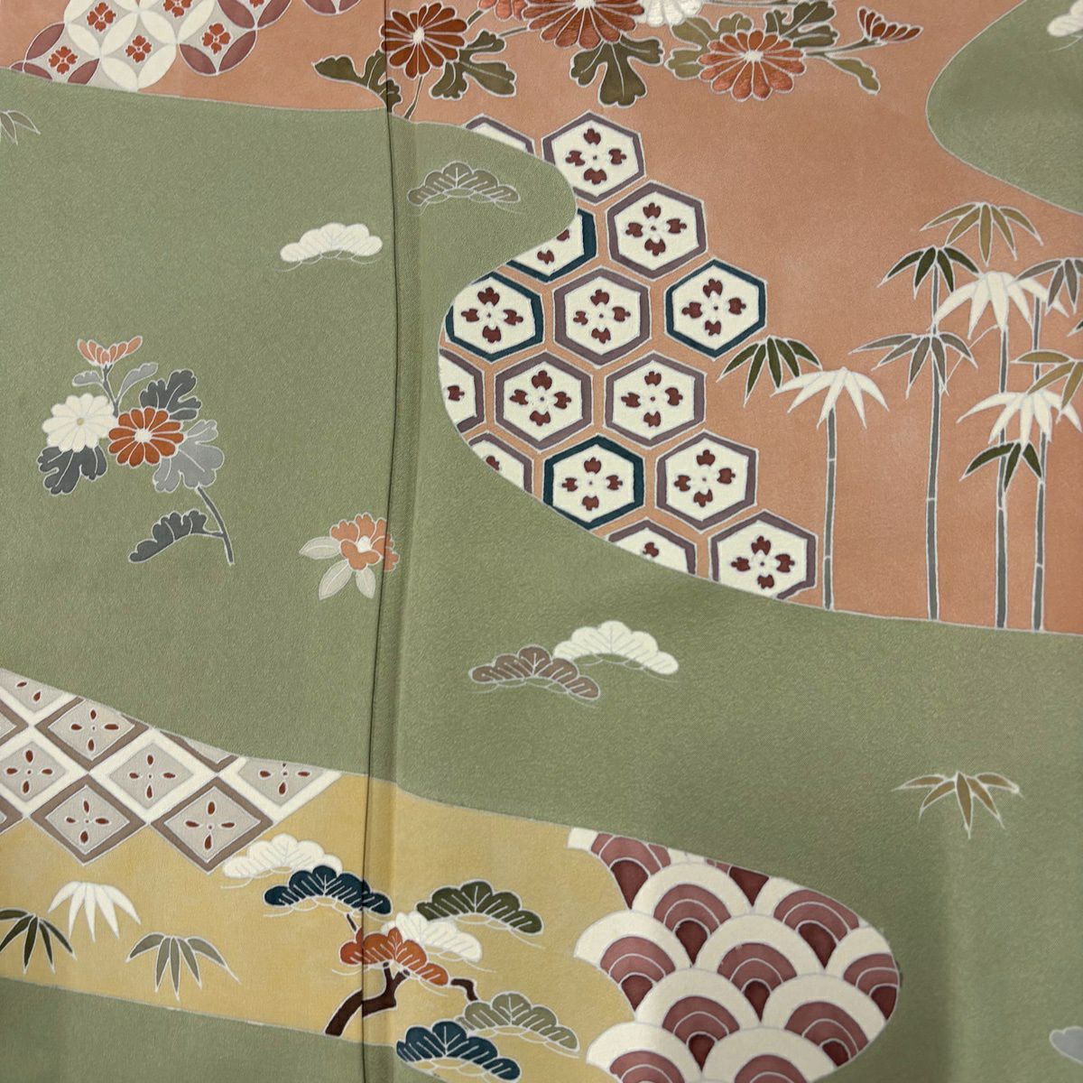 訪問服 身長153cm 袖長63cm S 雙層 草花紋紋 霞 綠 純蠶絲 秀品級 一つ紋