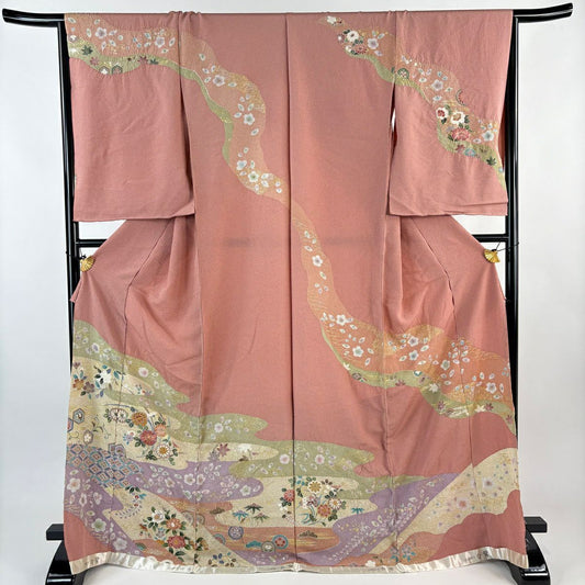 【美品】訪問服 身長173cm 袖長66.5cm 未仕立 雜花圖案 霞 菊花花 金銀彩 金絲 粉色 純蠶絲 優品級