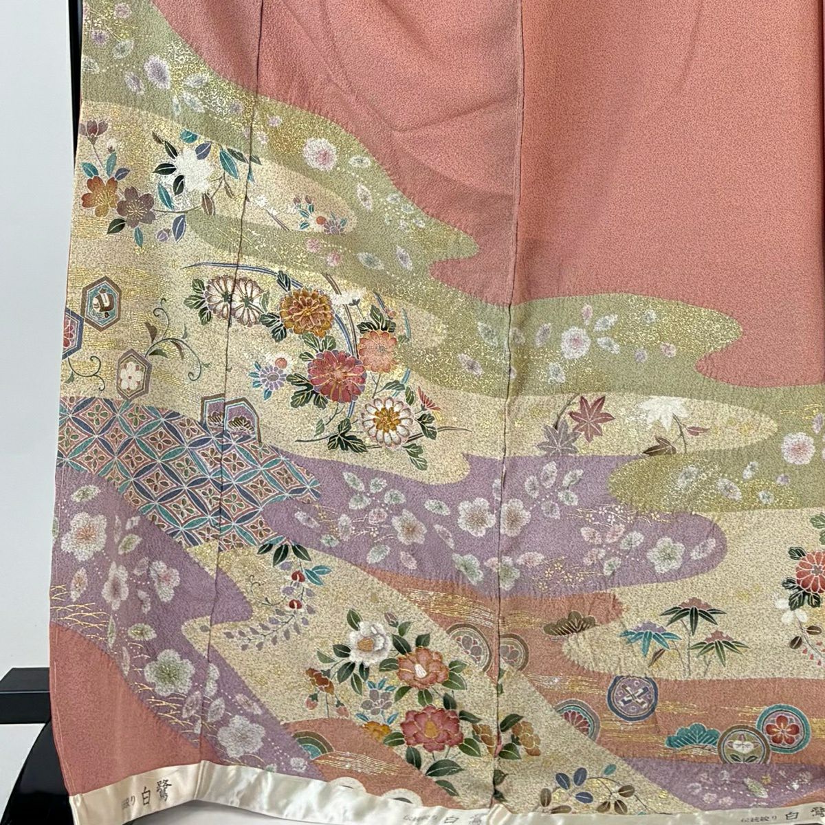 【美品】訪問服 身長173cm 袖長66.5cm 未仕立 雜花圖案 霞 菊花花 金銀彩 金絲 粉色 純蠶絲 優品級