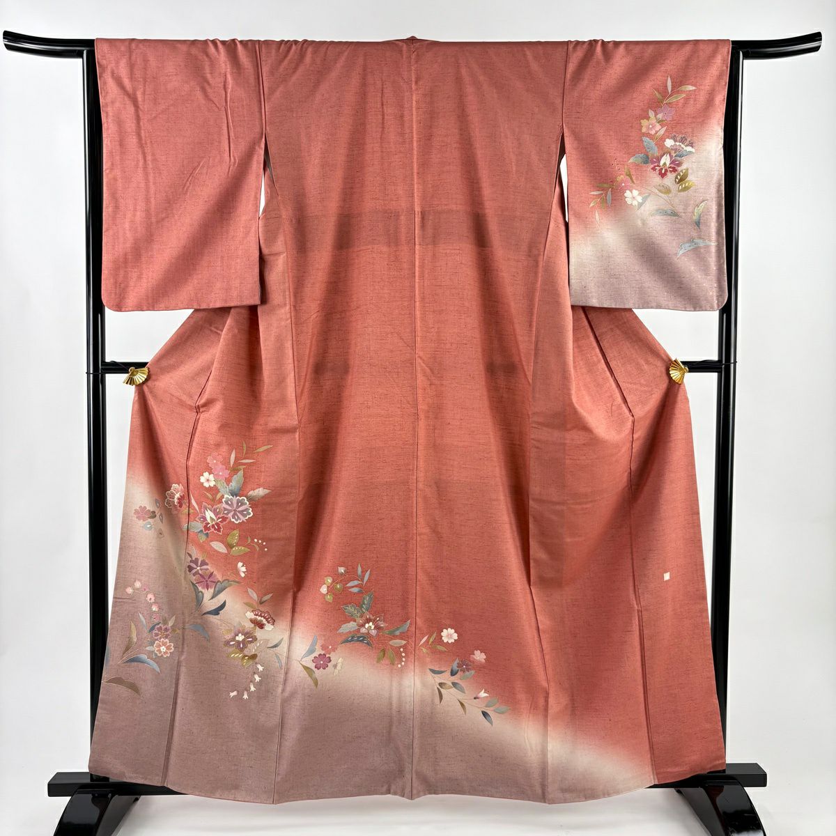 付下 身長161.5cm 袖長64.5cm M 雙層 紬織織 落款 草花紋紋 金銀彩 漸層 鮭粉色 純蠶絲 優品級