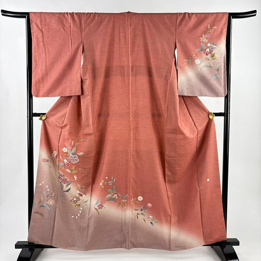 付下 身長161.5cm 袖長64.5cm M 雙層 紬織織 落款 草花紋紋 金銀彩 漸層 鮭粉色 純蠶絲 優品級