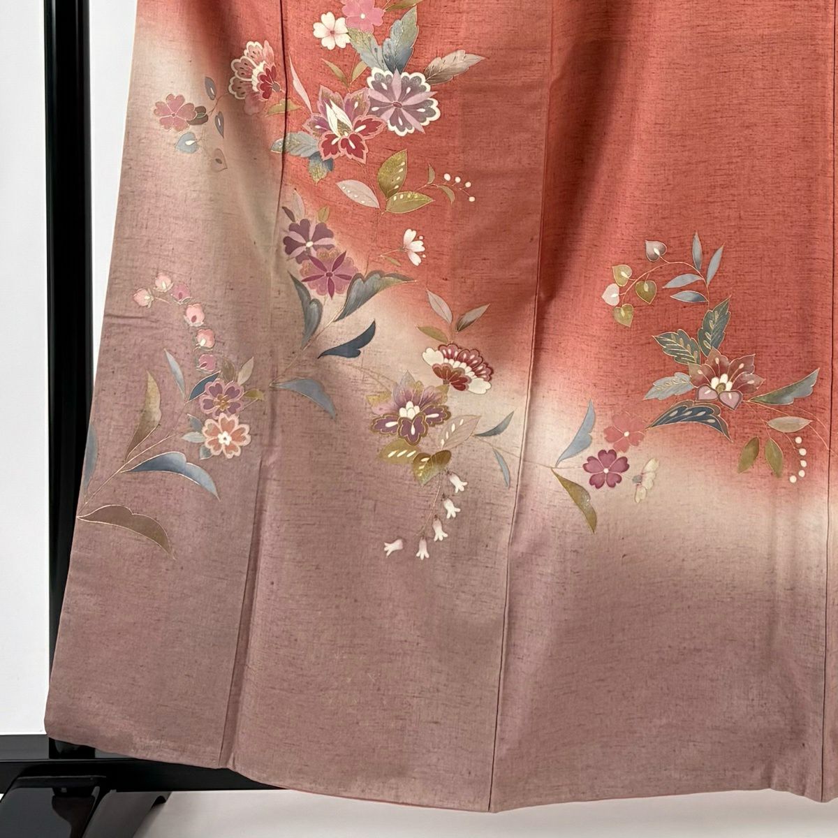 付下 身長161.5cm 袖長64.5cm M 雙層 紬織織 落款 草花紋紋 金銀彩 漸層 鮭粉色 純蠶絲 優品級