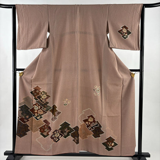 【美品】 付下 身長158cm 袖長62.5cm S 雙層 松樹川菱 草花紋紋 薄小豆 純蠶絲 秀品級