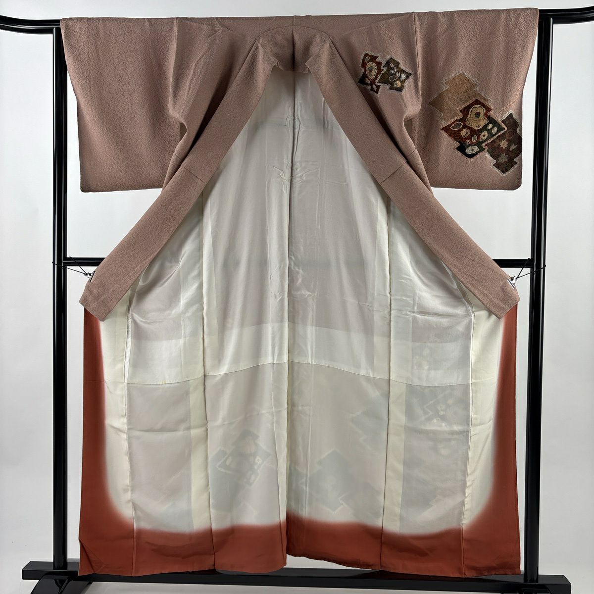 【美品】 付下 身長158cm 袖長62.5cm S 雙層 松樹川菱 草花紋紋 薄小豆 純蠶絲 秀品級