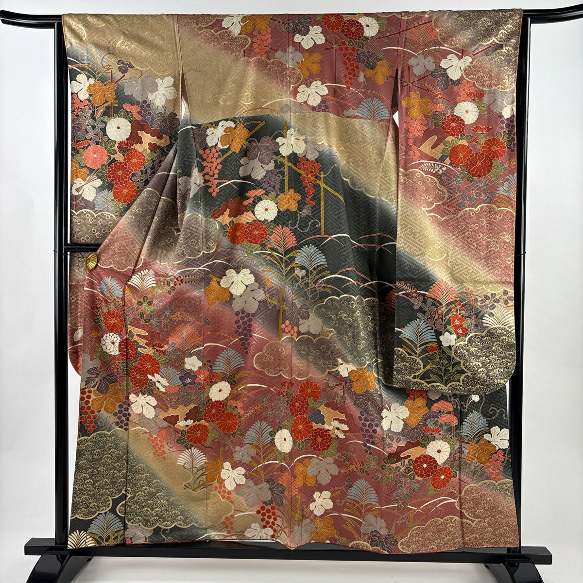 振袖禮服 身長158cm 袖長63.5cm S 雙層 菊花 扇子 金絲 金銀彩 紫 純蠶絲 秀品級