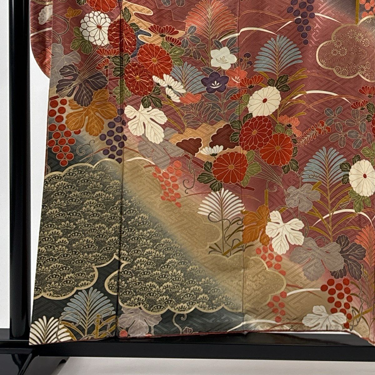 振袖禮服 身長158cm 袖長63.5cm S 雙層 菊花 扇子 金絲 金銀彩 紫 純蠶絲 秀品級