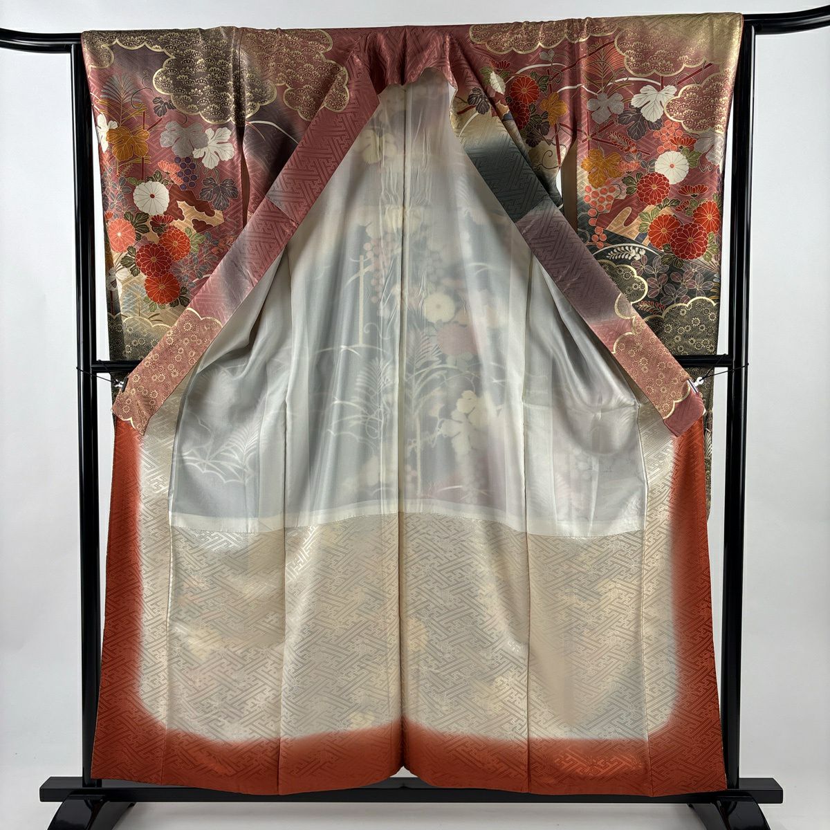 振袖禮服 身長158cm 袖長63.5cm S 雙層 菊花 扇子 金絲 金銀彩 紫 純蠶絲 秀品級
