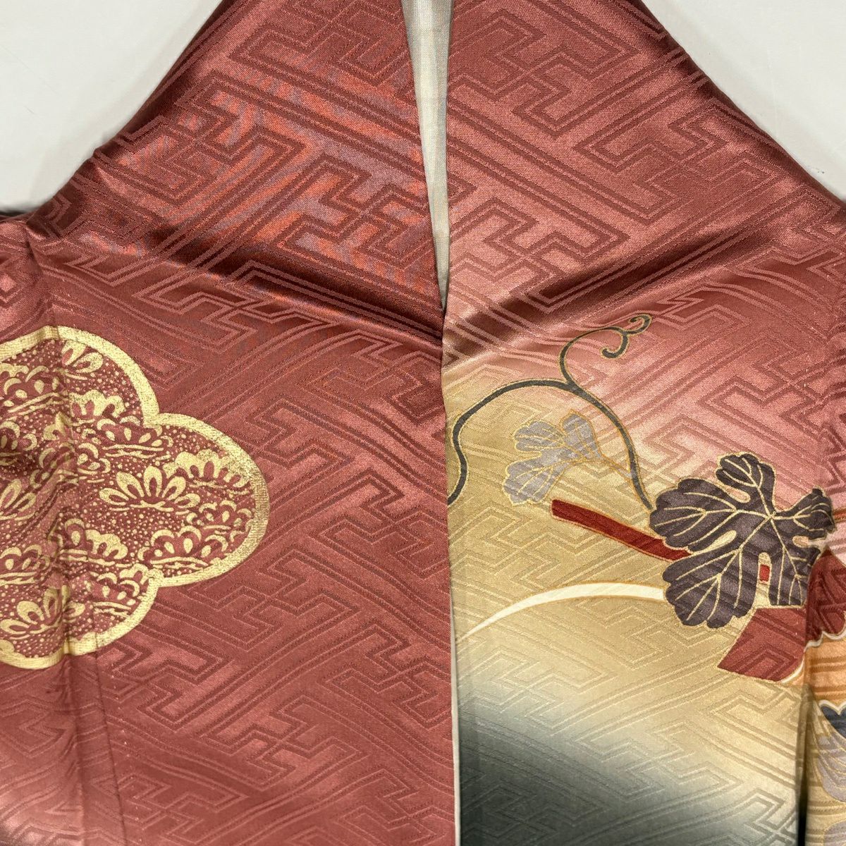 振袖禮服 身長158cm 袖長63.5cm S 雙層 菊花 扇子 金絲 金銀彩 紫 純蠶絲 秀品級
