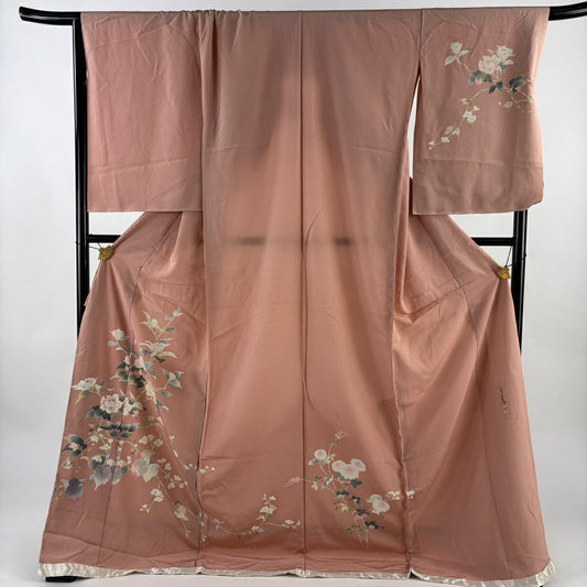 訪問服 身長178.5cm 袖長70cm 未仕立 雜絵羽 百貫石峰 落款あり 椿 櫻花 粉紅 純蠶絲 秀品級