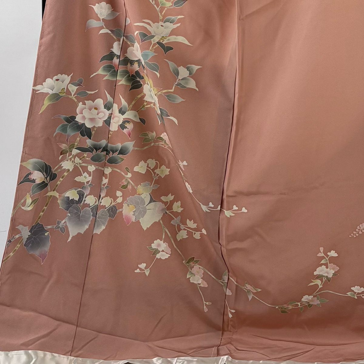 訪問服 身長178.5cm 袖長70cm 未仕立 雜絵羽 百貫石峰 落款あり 椿 櫻花 粉紅 純蠶絲 秀品級