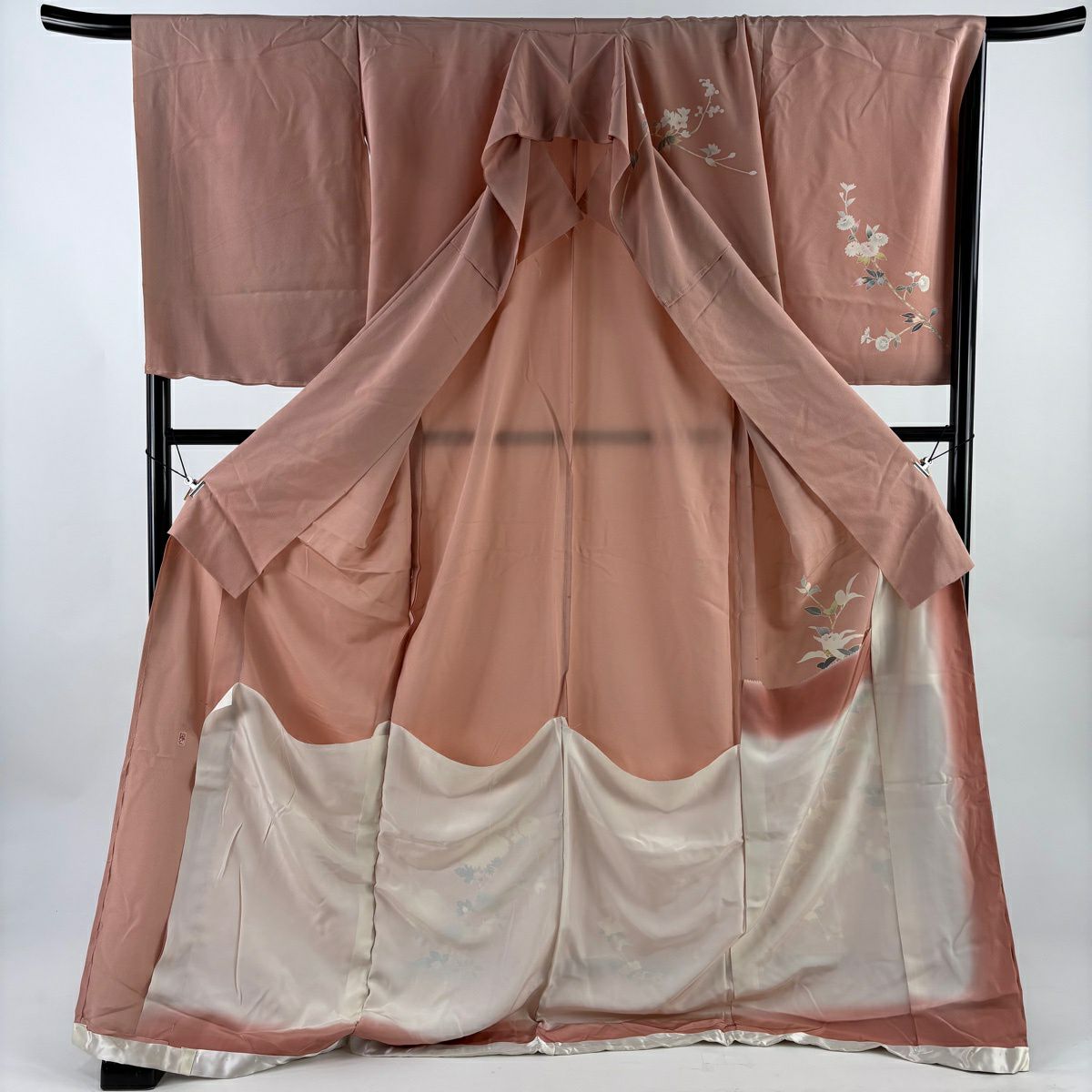訪問服 身長178.5cm 袖長70cm 未仕立 雜絵羽 百貫石峰 落款あり 椿 櫻花 粉紅 純蠶絲 秀品級