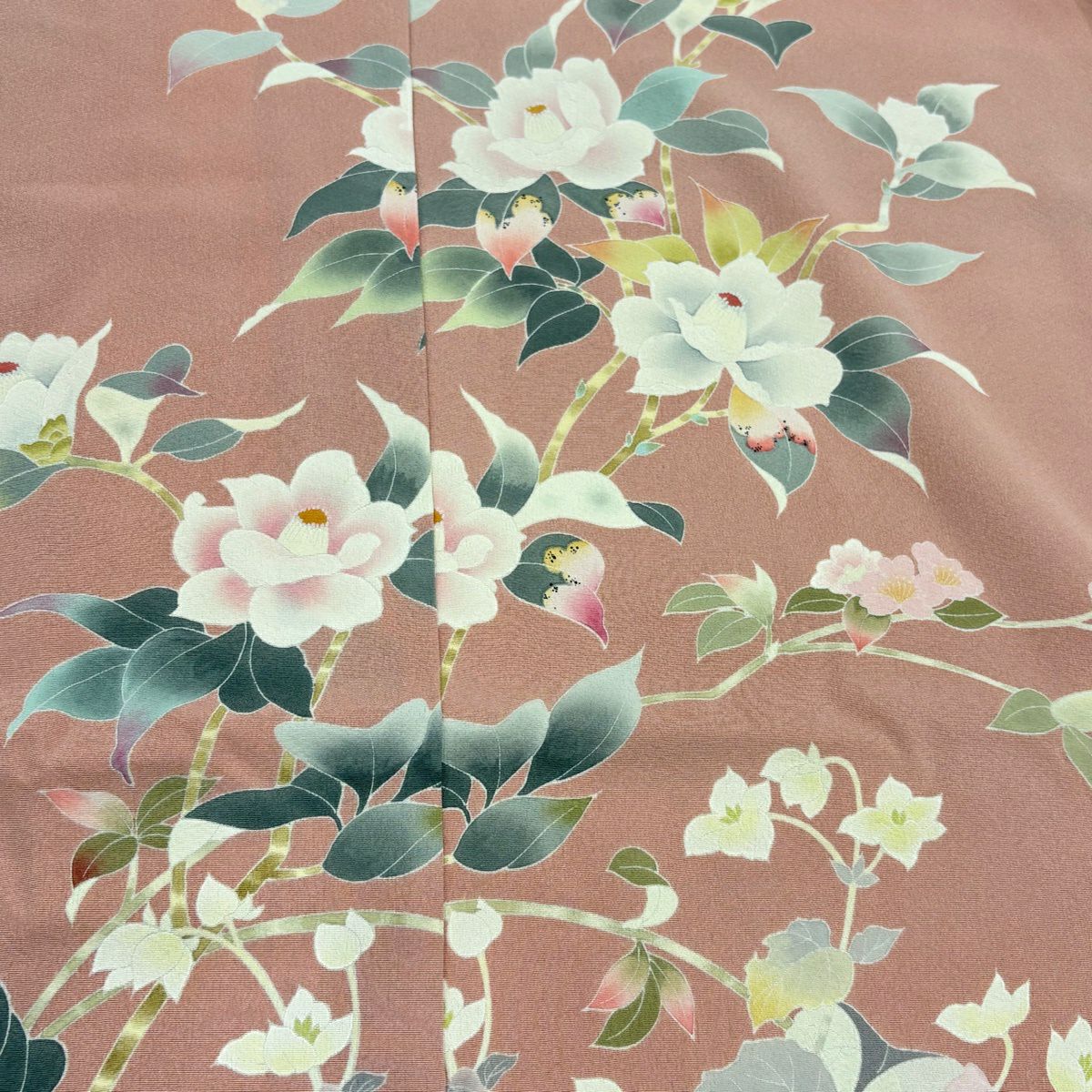 訪問服 身長178.5cm 袖長70cm 未仕立 雜絵羽 百貫石峰 落款あり 椿 櫻花 粉紅 純蠶絲 秀品級