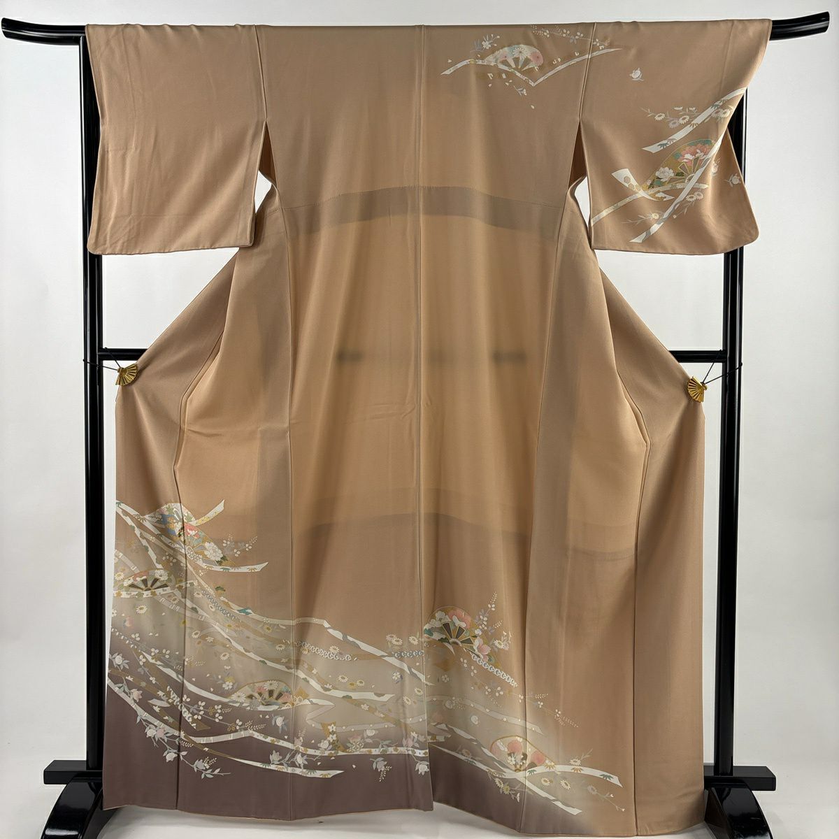 訪問服 身長165.5cm 袖長67.5cm L 雙層 蔓帶 秋草 金彩裝飾 漸層 淺茶 純蠶絲 優品級