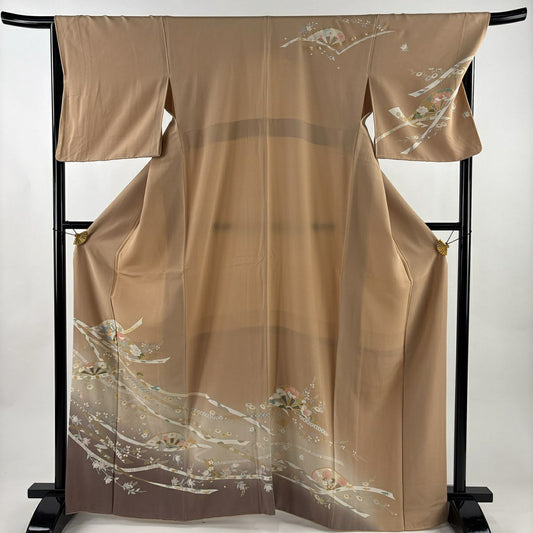 訪問服 身長165.5cm 袖長67.5cm L 雙層 蔓帶 秋草 金彩裝飾 漸層 淺茶 純蠶絲 優品級