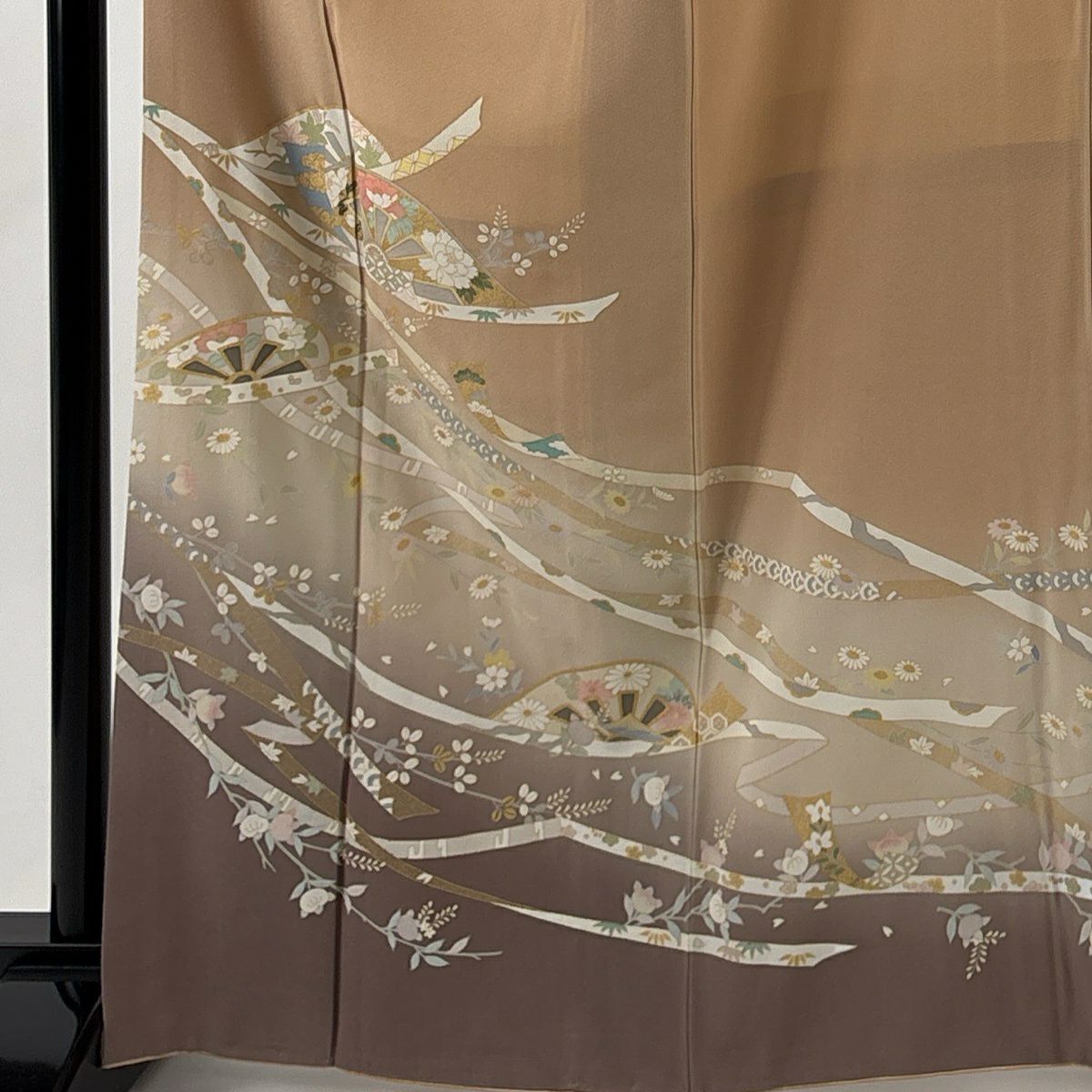 訪問服 身長165.5cm 袖長67.5cm L 雙層 蔓帶 秋草 金彩裝飾 漸層 淺茶 純蠶絲 優品級