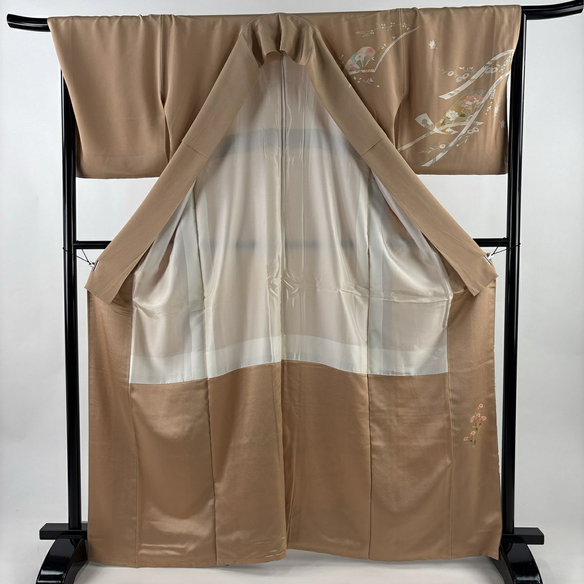 訪問服 身長165.5cm 袖長67.5cm L 雙層 蔓帶 秋草 金彩裝飾 漸層 淺茶 純蠶絲 優品級