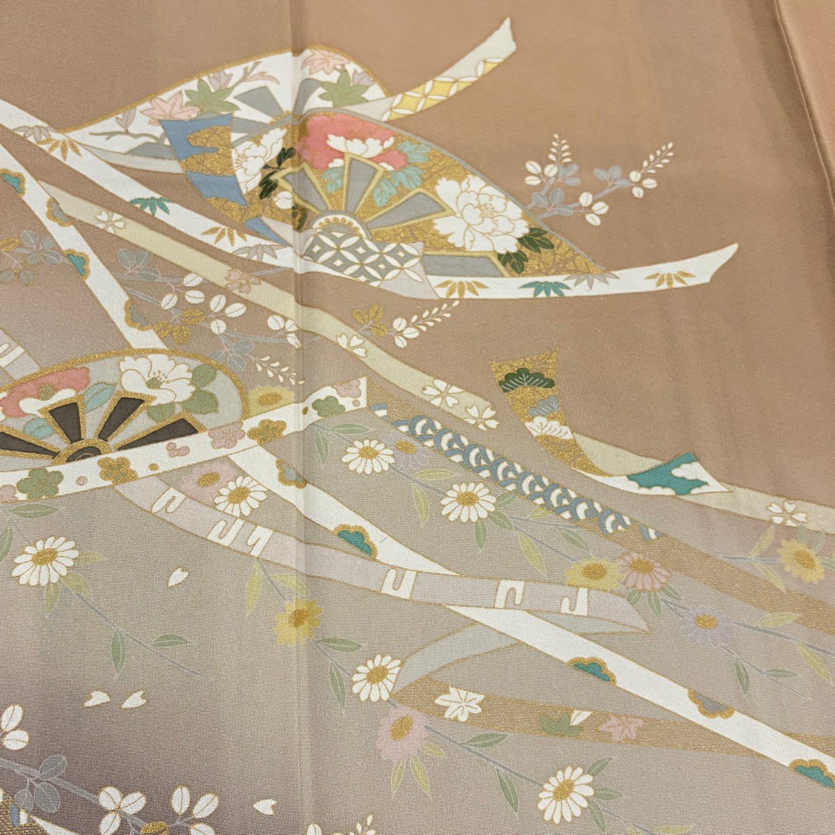 訪問服 身長165.5cm 袖長67.5cm L 雙層 蔓帶 秋草 金彩裝飾 漸層 淺茶 純蠶絲 優品級