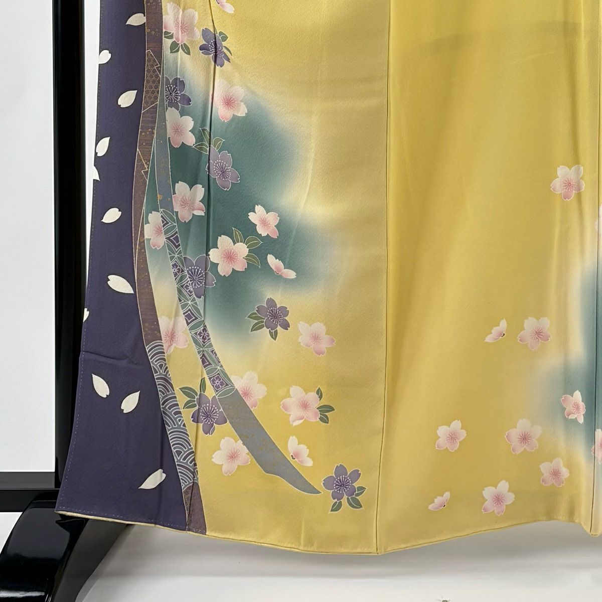 振袖禮服 身長163cm 袖長64.5cm M 雙層 櫻花 熨斗紋 金銀彩 漸層 淺黃 純蠶絲 優品級
