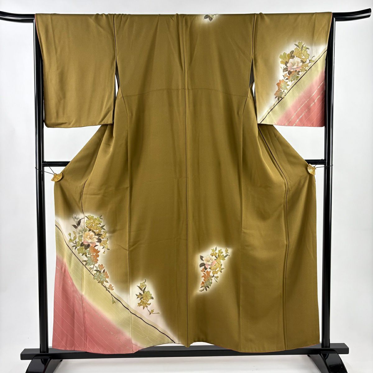 付下 身長157cm 袖長66cm M 雙層 枝花 斜紋 金銀彩 染分 鶯色 純蠶絲 秀品級