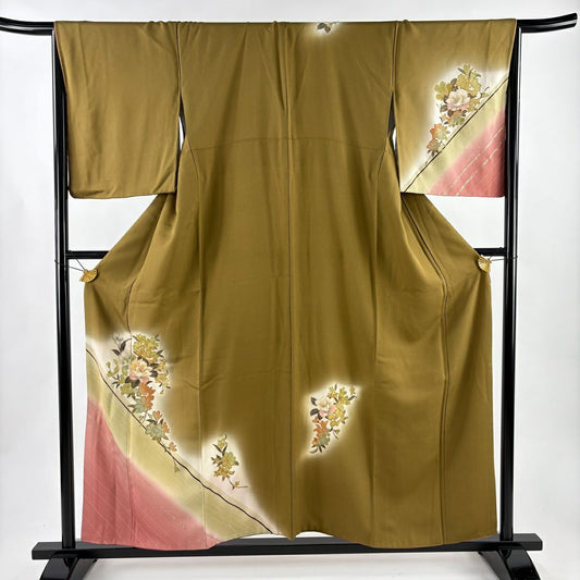 付下 身長157cm 袖長66cm M 雙層 枝花 斜紋 金銀彩 染分 鶯色 純蠶絲 秀品級