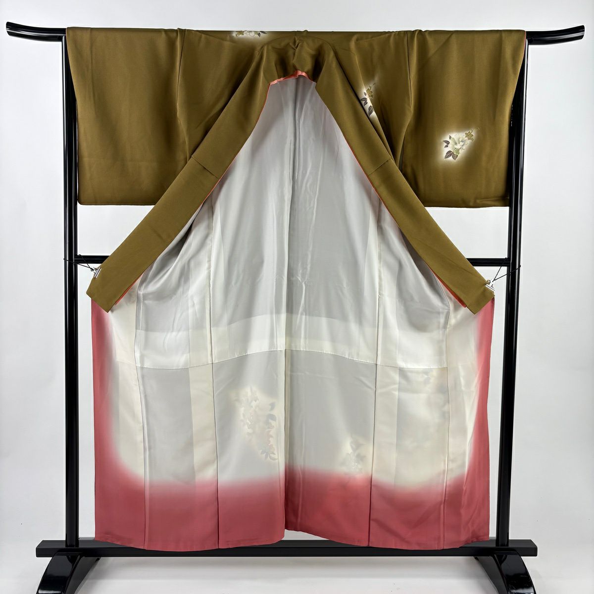 付下 身長157cm 袖長66cm M 雙層 枝花 斜紋 金銀彩 染分 鶯色 純蠶絲 秀品級