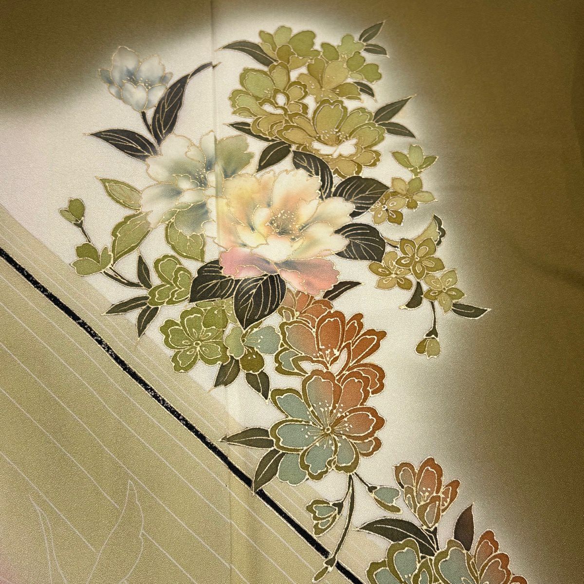 付下 身長157cm 袖長66cm M 雙層 枝花 斜紋 金銀彩 染分 鶯色 純蠶絲 秀品級