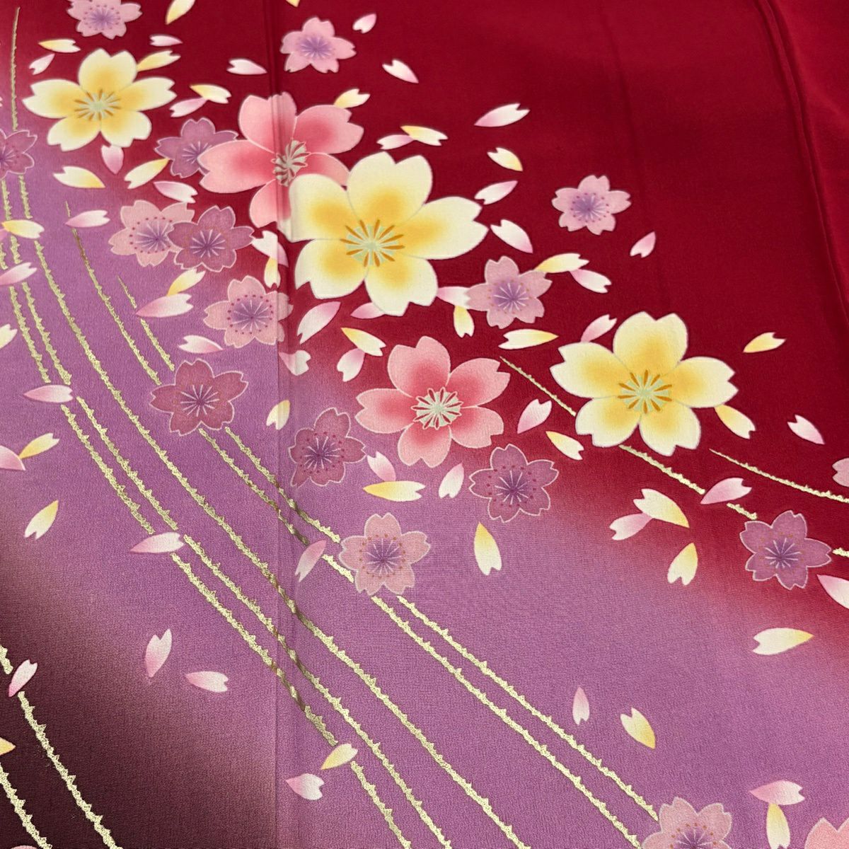 振袖禮服 身長159cm 袖長63cm S 雙層櫻花花瓣金彩裝飾染分紅純蠶絲秀品級