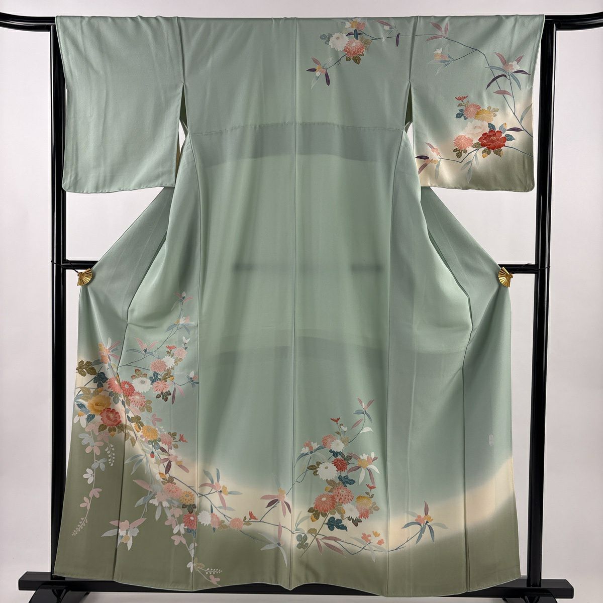 訪問服 身長158cm 袖長65cm M 雙層 落款 菊花 牡丹 金銀彩 漸層 淺綠 純蠶絲 優品級