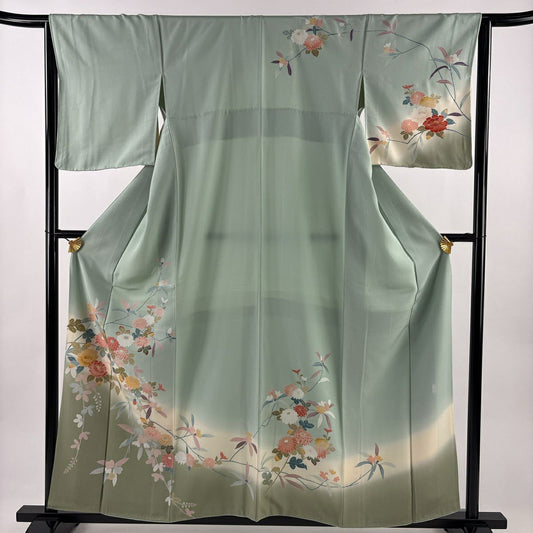 訪問服 身長158cm 袖長65cm M 雙層 落款 菊花 牡丹 金銀彩 漸層 淺綠 純蠶絲 優品級