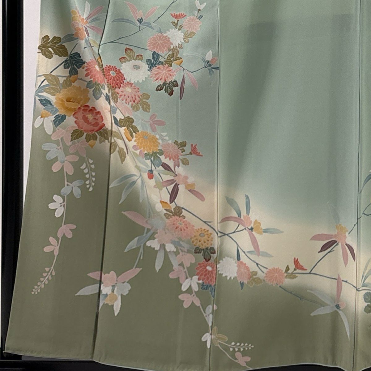 訪問服 身長158cm 袖長65cm M 雙層 落款 菊花 牡丹 金銀彩 漸層 淺綠 純蠶絲 優品級