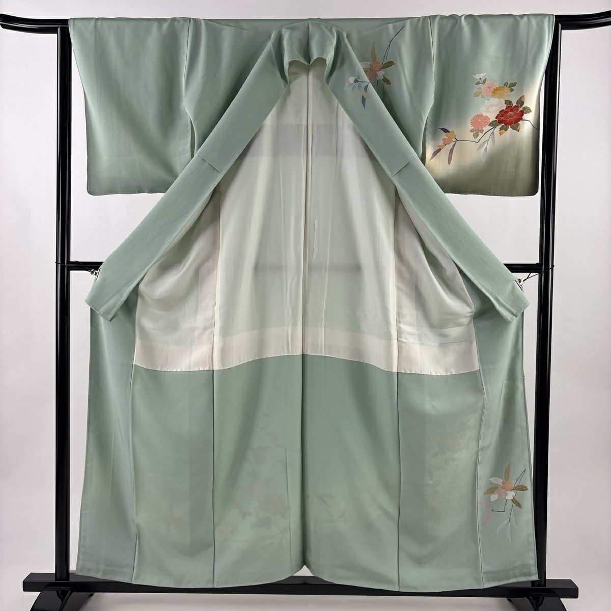 訪問服 身長158cm 袖長65cm M 雙層 落款 菊花 牡丹 金銀彩 漸層 淺綠 純蠶絲 優品級