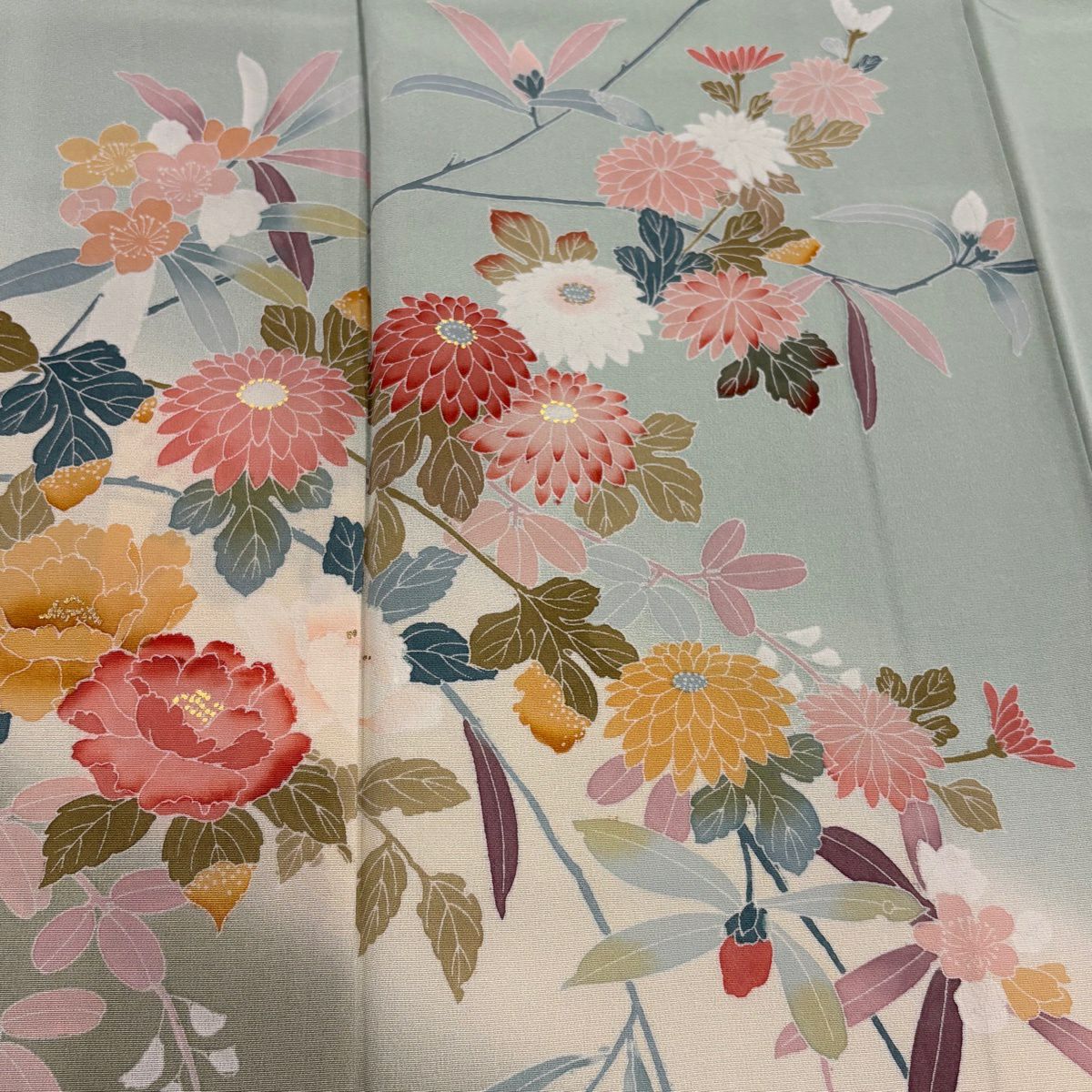 訪問服 身長158cm 袖長65cm M 雙層 落款 菊花 牡丹 金銀彩 漸層 淺綠 純蠶絲 優品級