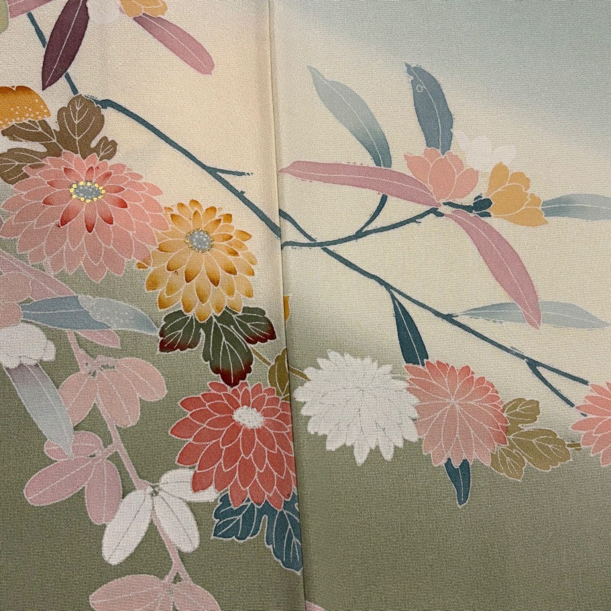 訪問服 身長158cm 袖長65cm M 雙層 落款 菊花 牡丹 金銀彩 漸層 淺綠 純蠶絲 優品級